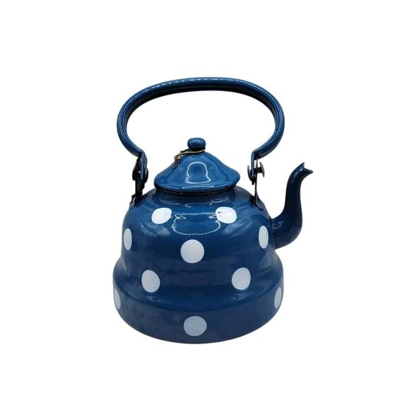 Vintage Graniteware Blue & White Polka Dots Enamel Gooseneck Swing Handle Teapot - Picture 1 of 11